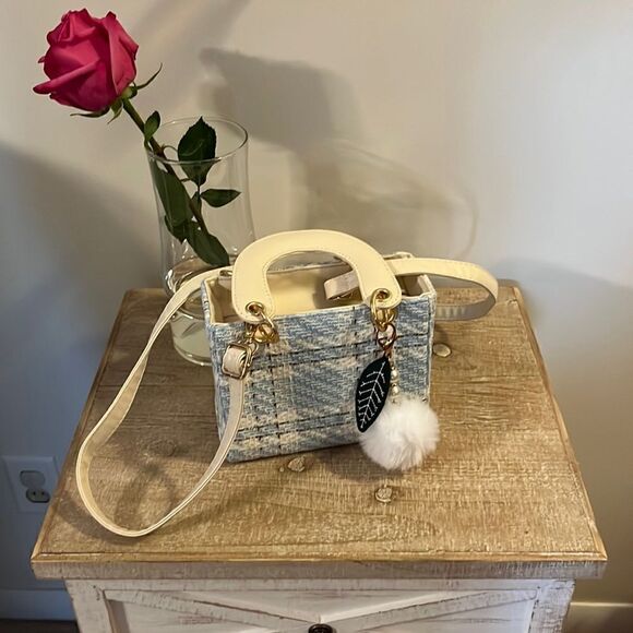 Plaid Pattern Tweed Blue/ White Bag with Keychain/ Pendant - Picture 1 of 4